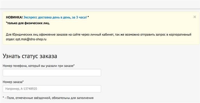 Проверка состояния заказа на сайте DNS.