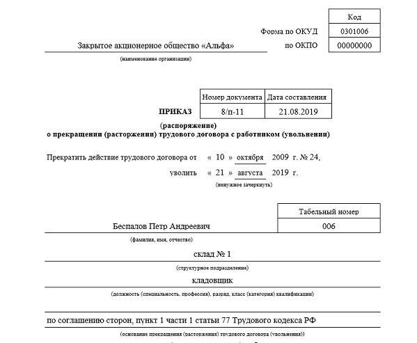 Бумага, в которой фиксируется намерение прекратить соглашение